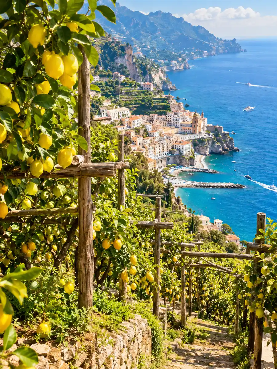 Green terraces dropping steeply to a turquoise sea on the Amalfi Coast